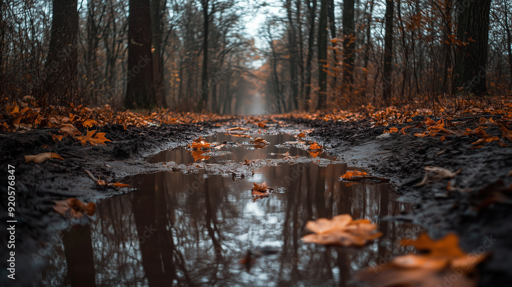 Close-up of a muddy, wet path through a forest full of leafless trees. Falling, orange leaves create a colorful carpet on the ground, and the puddles filling the path reflect the gloomy, overcast sky. Close-up of a muddy, wet path through a forest full of leafless trees. Falling, orange leaves create a colorful carpet on the ground, and the puddles filling the path reflect the gloomy, overcast sky.