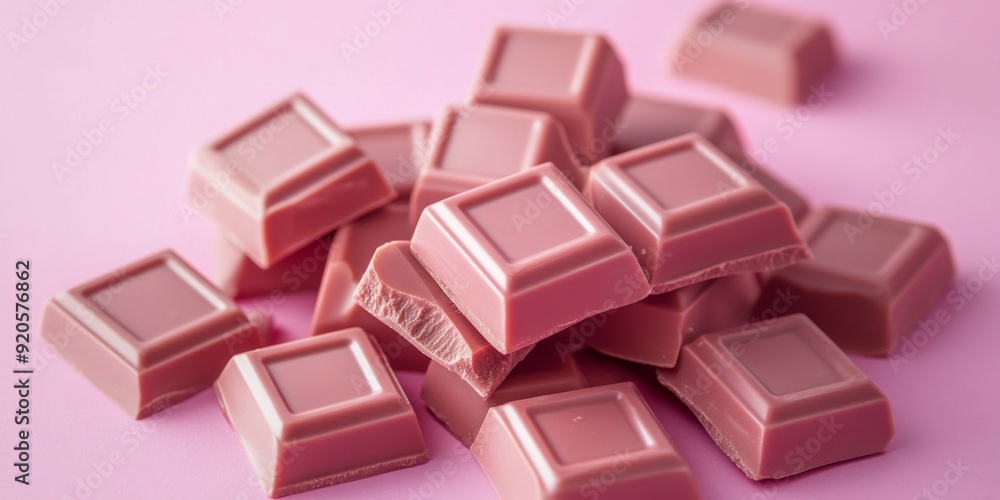 Pile of ruby chocolate pieces arranged on a soft pink background. The close-up shot emphasizes the smooth texture and rich color of the chocolate, highlighting its unique flavor and luxurious appeal. Pile of ruby chocolate pieces arranged on a soft pink background. The close-up shot emphasizes the smooth texture and rich color of the chocolate, highlighting its unique flavor and luxurious appeal.