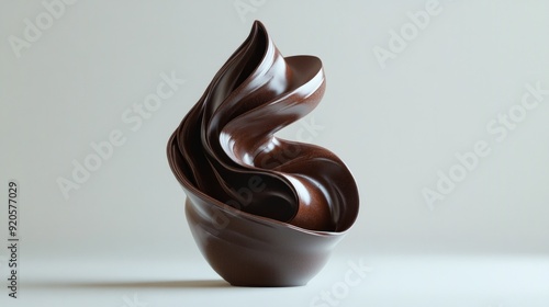 Sculptural chocolate piece with a dynamic, wave-like design in dark brown, showcasing a glossy surface. Placed on a light background, the smooth curves create a sense of movement and artistic expressi photo