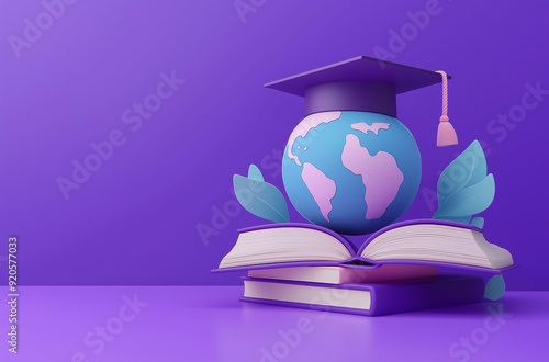 3D rendering of Earth with a graduation hat on top and an open book surrounded by colorful books on a purple background. Learning and education concept