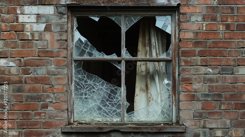 In the center of the frame there is a broken window in an old brick wall, with cracked panes and scattered pieces of glass. photo