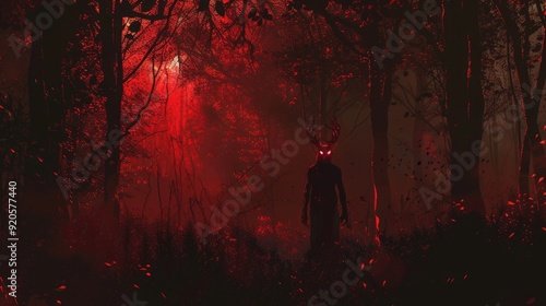 silhouette of a person in forest, halloween devil man in red scary forest background photo