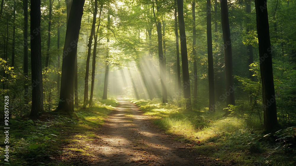 Obraz premium A path in the forest, gently lit by the sun's rays shining through the leaves, creates a peaceful and pleasant atmosphere.