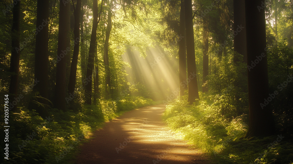 Obraz premium A path in the forest, gently lit by the sun's rays shining through the leaves, creates a peaceful and pleasant atmosphere.