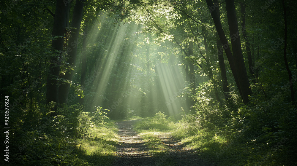 Obraz premium A path in the forest, gently lit by the sun's rays shining through the leaves, creates a peaceful and pleasant atmosphere.