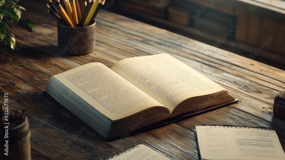 Open Book on Wooden Table with Pencils and Other Books Open Book on Wooden Table with Pencils and Other Books