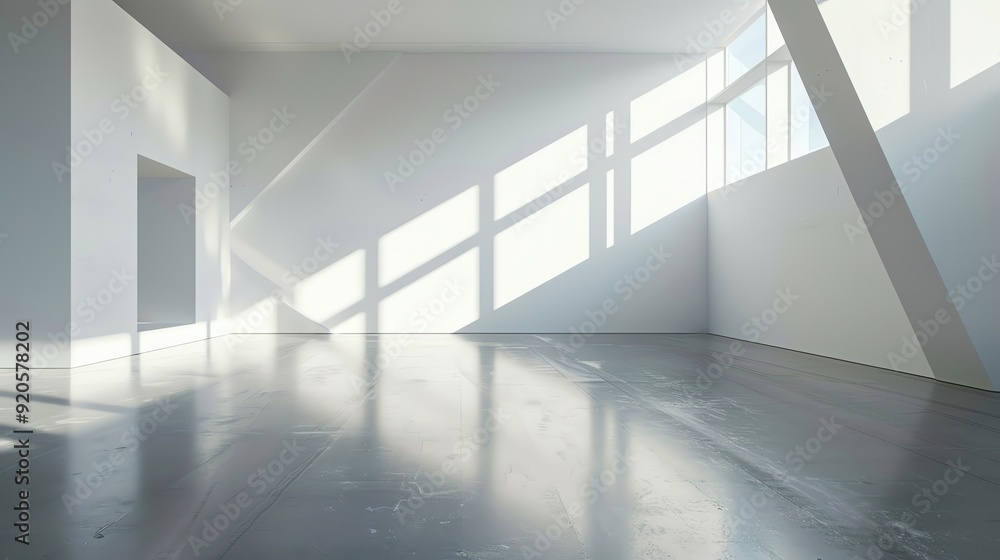 A bright, minimalist room with white walls and a large window. A bright, minimalist room with white walls and a large window.
