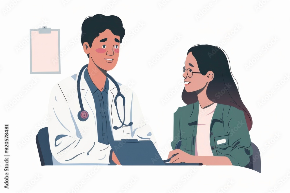 Cheerful woman in white coat smiling warmly at patient during consultation Cheerful woman in white coat smiling warmly at patient during consultation