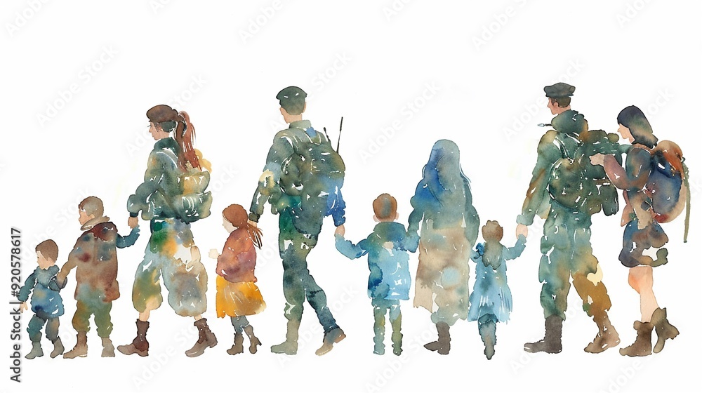 Fototapeta premium Soldiers reuniting with their families,Clipart, watercolor illustration, Perfect for nursery art The style is handdrawn, white background