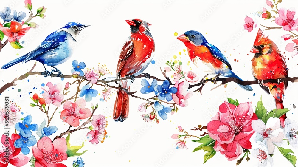 State birds and flowers with patriotic themes,Clipart, watercolor illustration, Perfect for nursery art The style is handdrawn, white background State birds and flowers with patriotic themes,Clipart, watercolor illustration, Perfect for nursery art The style is handdrawn, white background