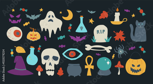 Halloween contemporary trendy vector illustrations set. Hand drawn modern naive colorful elements collection. Skull, pumpkin, ghost, cauldron and candies Autumn holiday bundle with isolated items