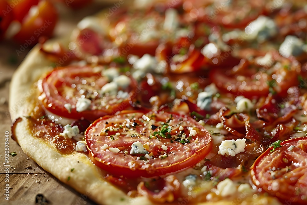 Pizza with mozzarella cheese, tomatoes and herbs on wooden table Pizza with mozzarella cheese, tomatoes and herbs on wooden table