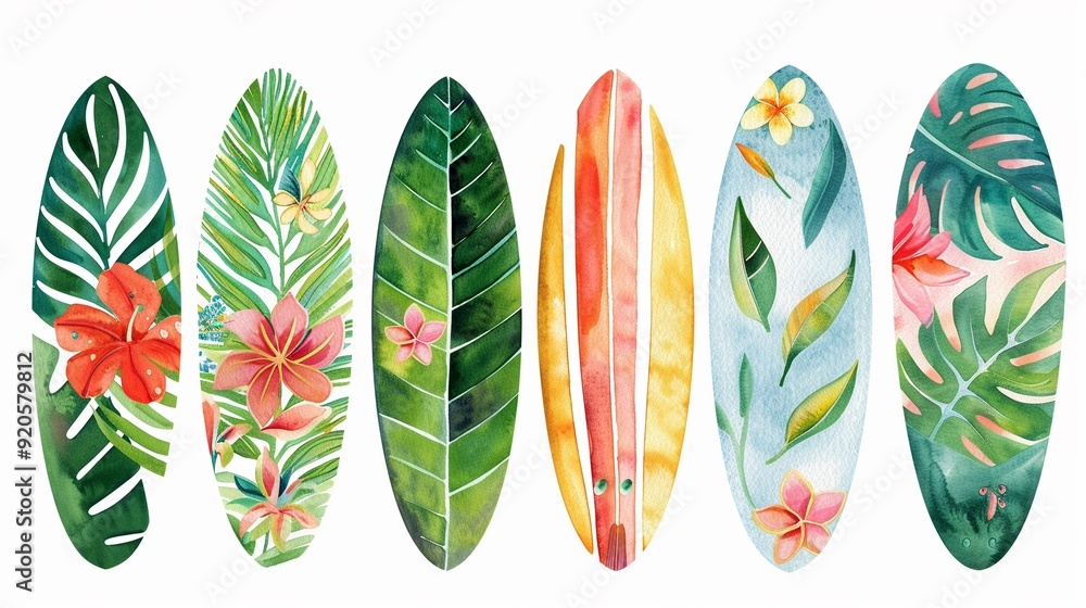 Surfboard clipart with tropical designs,Clipart, watercolor illustration, Perfect for nursery art The style is handdrawn, white background Surfboard clipart with tropical designs,Clipart, watercolor illustration, Perfect for nursery art The style is handdrawn, white background
