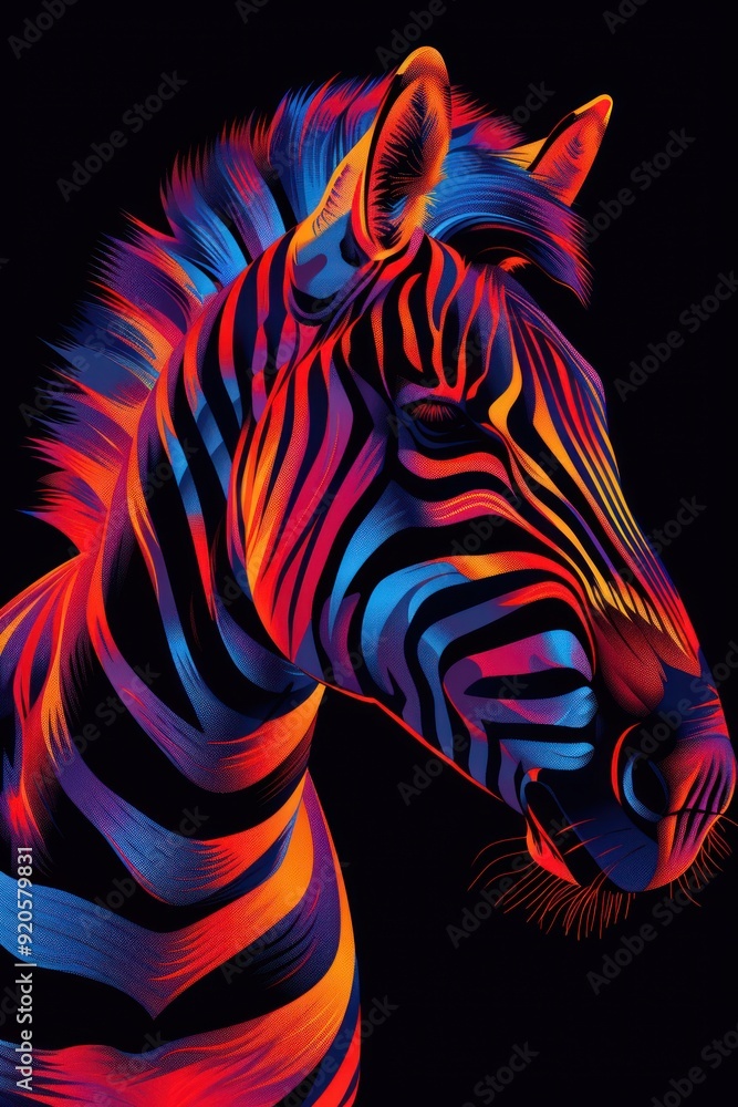Close-up portrait of a zebra with vibrant blue, red, and orange stripes against a dark background. Close-up portrait of a zebra with vibrant blue, red, and orange stripes against a dark background.