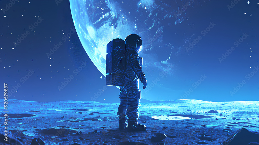 Obraz premium Astronaut in space with stars, galaxies, purple and blue nebulae, and galaxies, Cool looking astronaut floating in the space, Colorful comic style illustration, 3d rendering, Generative AI