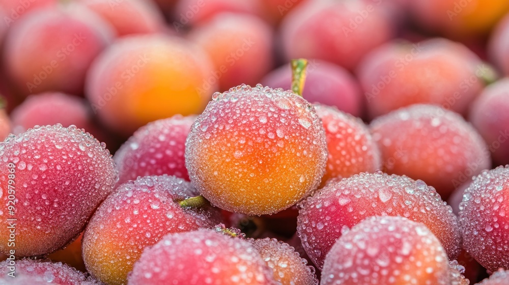 Closeup of red, ripe plums covered in dew. Closeup of red, ripe plums covered in dew.