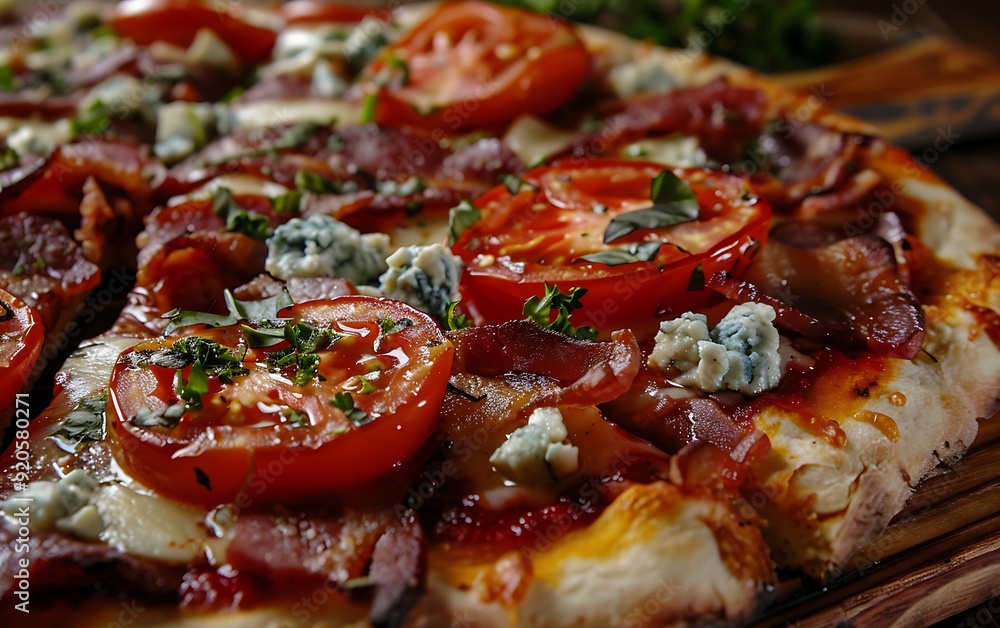 Pizza with mozzarella cheese, tomatoes and herbs on wooden table Pizza with mozzarella cheese, tomatoes and herbs on wooden table