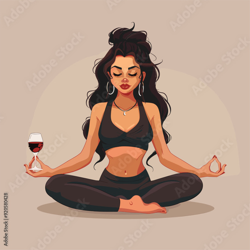 Yoga girl in a meditative pose holding a glass of wine in each hand.
