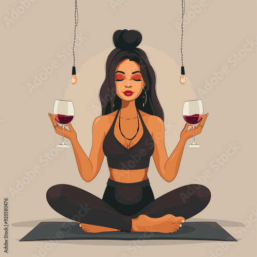 Yoga girl in a meditative pose holding a glass of wine in each hand.
