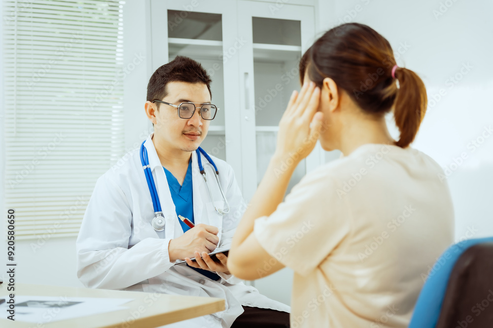 Fototapeta premium A male Asian pediatrician in a white lab coat sits at his desk, warmly greeting a middle-aged pregnant woman for a prenatal consultation, offering care and support in a clinical setting.
