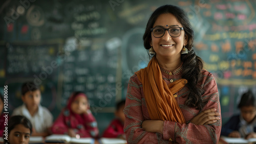 portrait of a indian female teacher, portrait of female teacher, student in classroom XV
