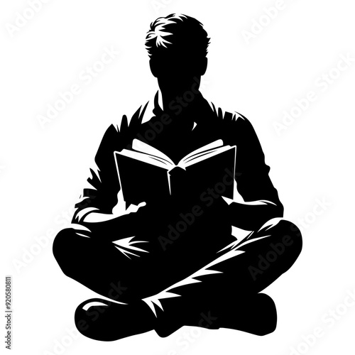 Silhouette of a man reading a book sitting on the floor. vector illustration