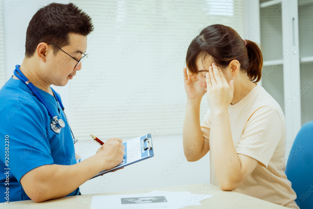 A male Asian pediatrician in a white lab coat conducts a prenatal checkup for a middle-aged pregnant woman, focusing on maternal and fetal health, offering expert care and guidance. A male Asian pediatrician in a white lab coat conducts a prenatal checkup for a middle-aged pregnant woman, focusing on maternal and fetal health, offering expert care and guidance.