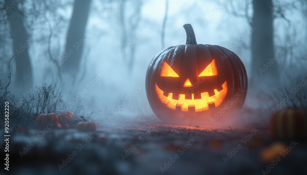 Halloween pumpkin glowing in a spooky forest at night