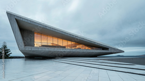 Modern building with futuristic design overlooking the city at dusk photo