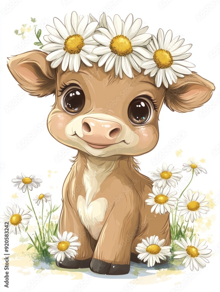Cute cartoon calf with a daisy flower crown and sitting amongst daisies. Cute cartoon calf with a daisy flower crown and sitting amongst daisies.