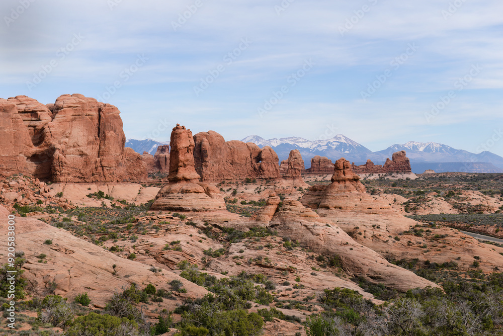 View of Arches National Park with snow-capped mountains in the distance. Utah. USA. View of Arches National Park with snow-capped mountains in the distance. Utah. USA.