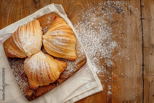 half-eaten sfogliatelle on a napkin, focus on the flaky crust. Beautiful simple AI generated image in 4K, unique.