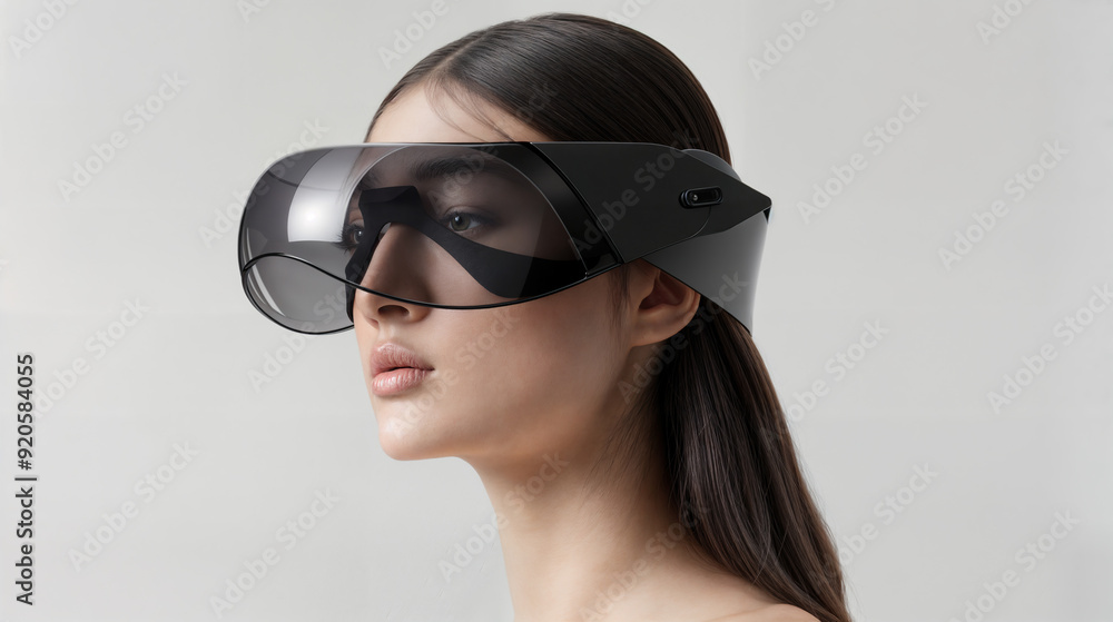 Woman wearing virtual reality headset experiencing metaverse Woman wearing virtual reality headset experiencing metaverse