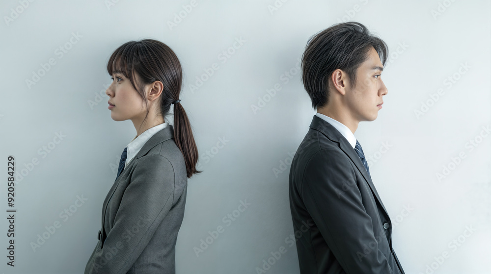 Businessman and businesswoman standing back to back feeling worried Businessman and businesswoman standing back to back feeling worried