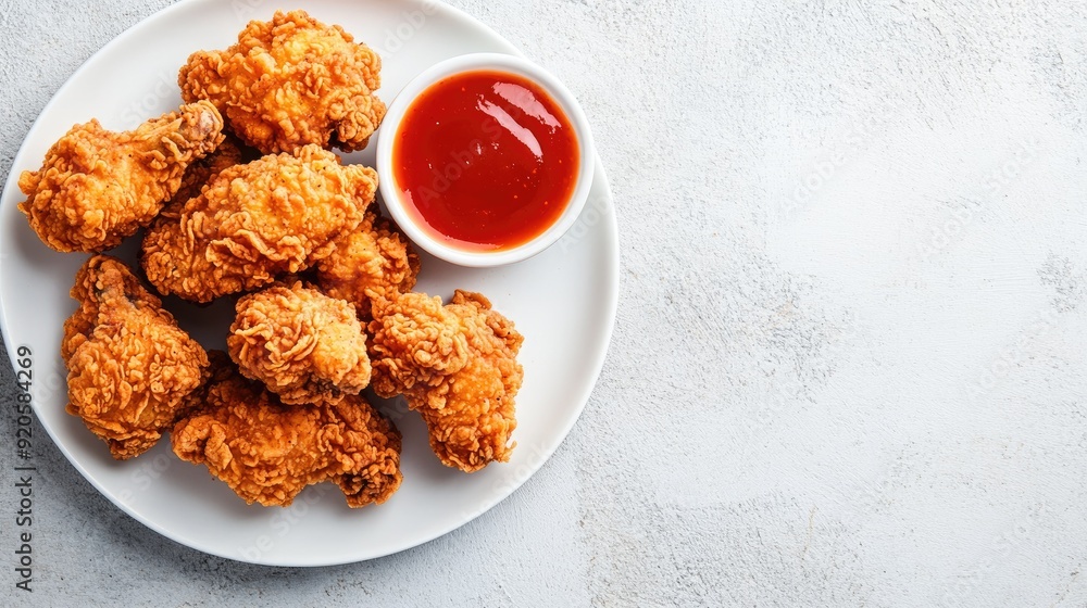 Crispy fried chicken pieces on a white plate with a side of hot sauce. Space for text at the top. Crispy fried chicken pieces on a white plate with a side of hot sauce. Space for text at the top.