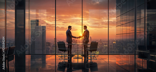 Two businessmen shaking hands in a boardroom overlooking city at sunset photo