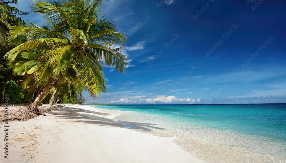 Obraz premium Tropical beach with palm trees during a sunny day