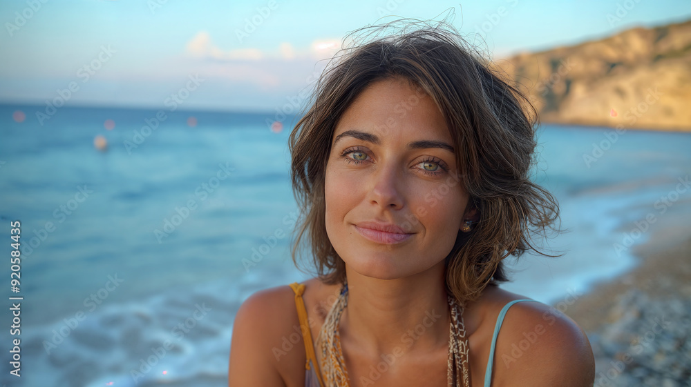 Beautiful woman smiling on beach at sunset with turquoise water Beautiful woman smiling on beach at sunset with turquoise water