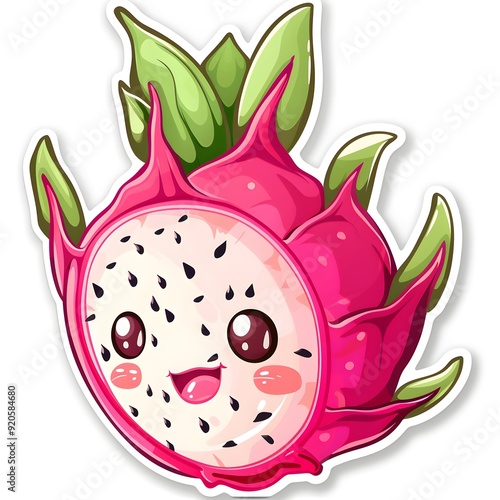 Vibrant dragon fruit sticker design on a white background, showcasing the unique shape and colors of this exotic fruit. This eye-catching artwork highlights the delicious and refreshing qualities of d photo