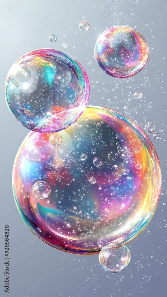 Naklejka premium Set of realistic colorful soap bubbles on white background,Soap bubbles for vector illustrations,3d pink soap ball. Realistic rainbow water bubble,Pink soap bubbles float,copy space.