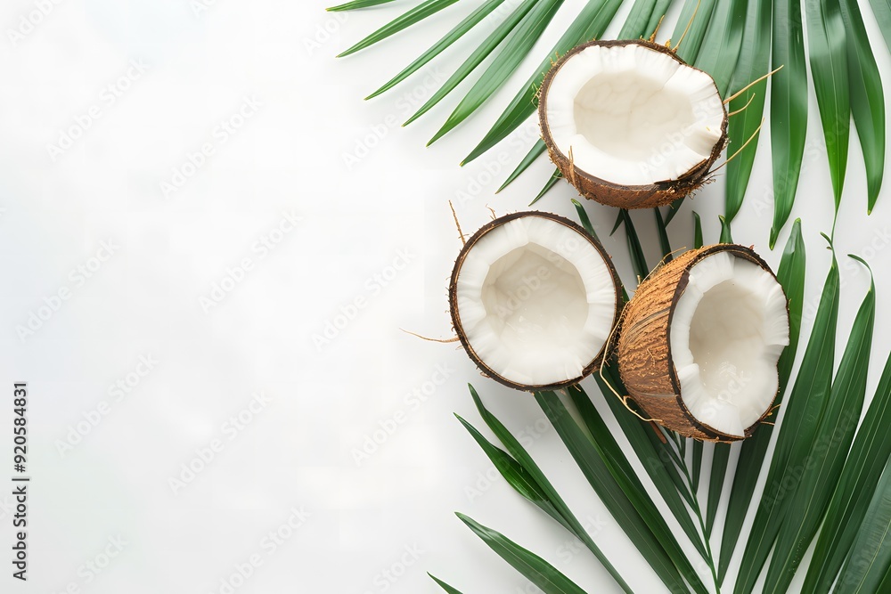 Coconut with palm leaf on white background. Flat lay, top view. Summer background with natural organic food, Top view with copy space Coconut with palm leaf on white background. Flat lay, top view. Summer background with natural organic food, Top view with copy space