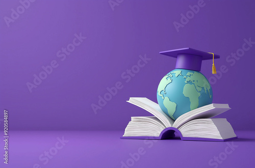 3D rendering of Earth with a graduation hat on top and an open book surrounded by colorful books on a purple background. Learning and education concept