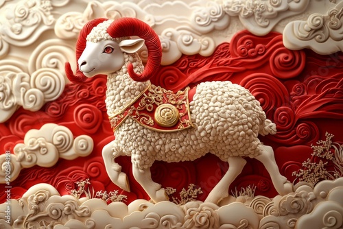 Chinese Zodiac Energetic 3D Red Art Background for the Year of the Goat, Infused with the Spirit of Prosperity and Serenity.