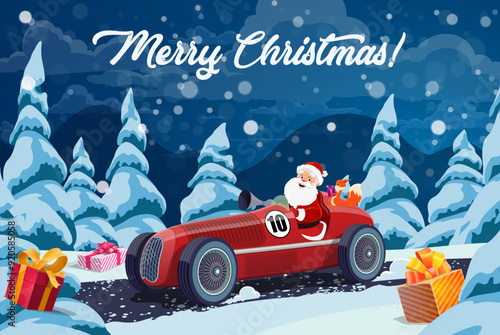 Christmas Santa Claus on race car with gift boxes for winter holiday, cartoon vector background. Merry Christmas greeting card with Santa driving retro red sport car with squirrel on snowy forest road