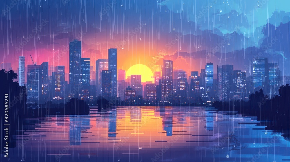 Night Rain in the city,City life in night in rainy season abstract background,Heavy rain in dark sky, rainy season,light lamp street night ,dark clouds and storm, vector illustration. Night Rain in the city,City life in night in rainy season abstract background,Heavy rain in dark sky, rainy season,light lamp street night ,dark clouds and storm, vector illustration.
