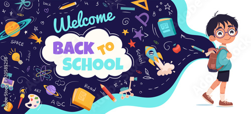 Back to school vector banner design with cute boy and education element. Poster with schoolboy for poster, wallpaper,  print, website. Vector background for your design