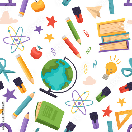 Seamless school pattern. Back to school background with education elements and doodle icons symbols. Vector cartoon illustration