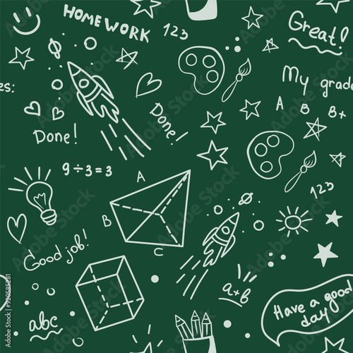 School seamless pattern with doodles. Green Chalkboard background with white school supplies, rocket. Vector cartoon wallpaper for print, wrapping paper, packaging.