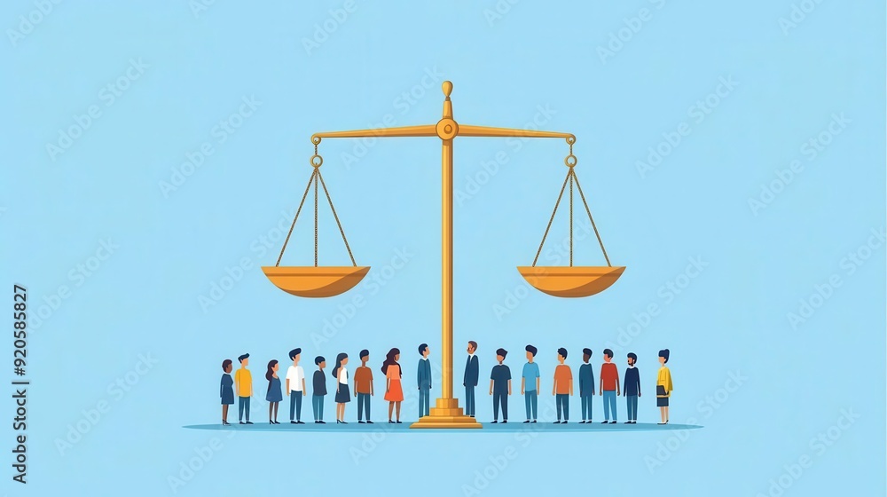 Diverse community under a large balance scale, social justice concept, flat design illustration Diverse community under a large balance scale, social justice concept, flat design illustration