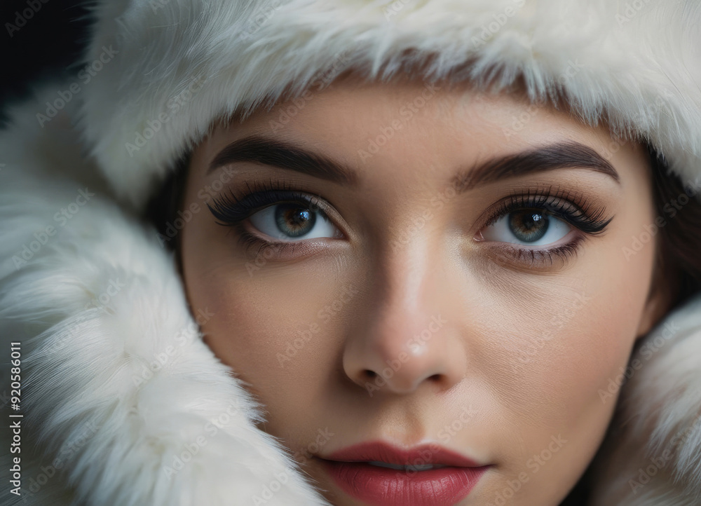 Captivating close-up of a woman's face, highlighted by bright blue eyes and soft makeup, wearing a white winter fur coat and hat Captivating close-up of a woman's face, highlighted by bright blue eyes and soft makeup, wearing a white winter fur coat and hat